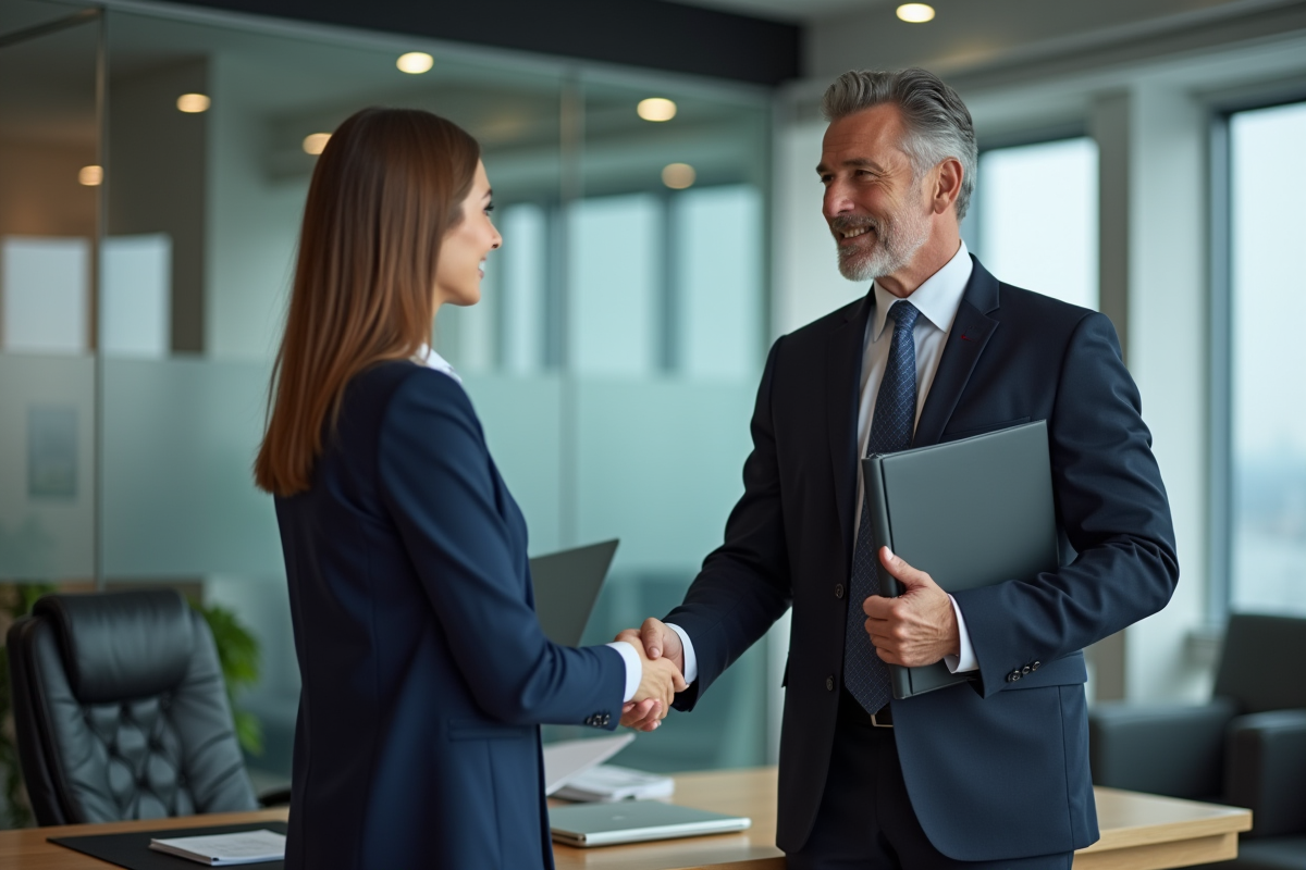Homme daffaires serrant la main dune conseillère bancaire