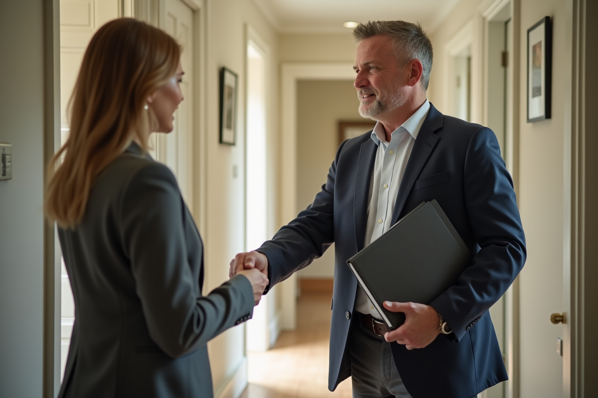 Homme d age serre la main d un agent immobilier dans un couloir d appartement