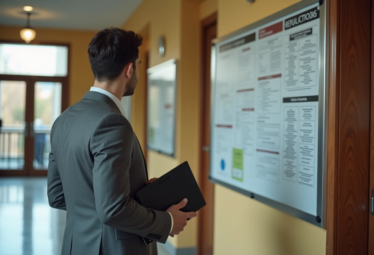 Jeune homme en costume regardant un panneau d affichage
