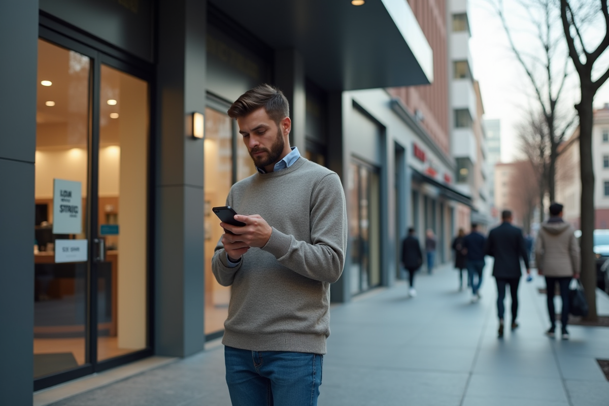 Homme décontracté vérifiant son prêt immobilier devant une banque