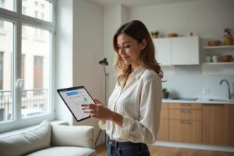 Hôte Airbnb femme consultant un tableau de bord de gestion locative sur tablette dans un appartement moderne