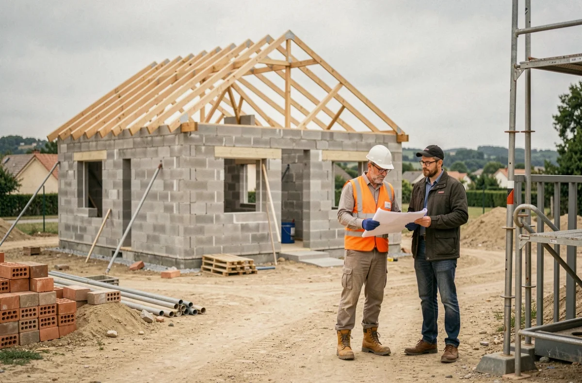 Chantier de construction IGC Construction avec ouvrier et chef de projet étudiant les plans d'une maison individuelle en Charente