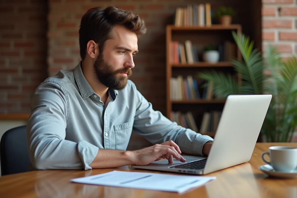 Homme travaillant depuis chez lui sur un assistant d'importation de données dans un logiciel de gestion urbaine