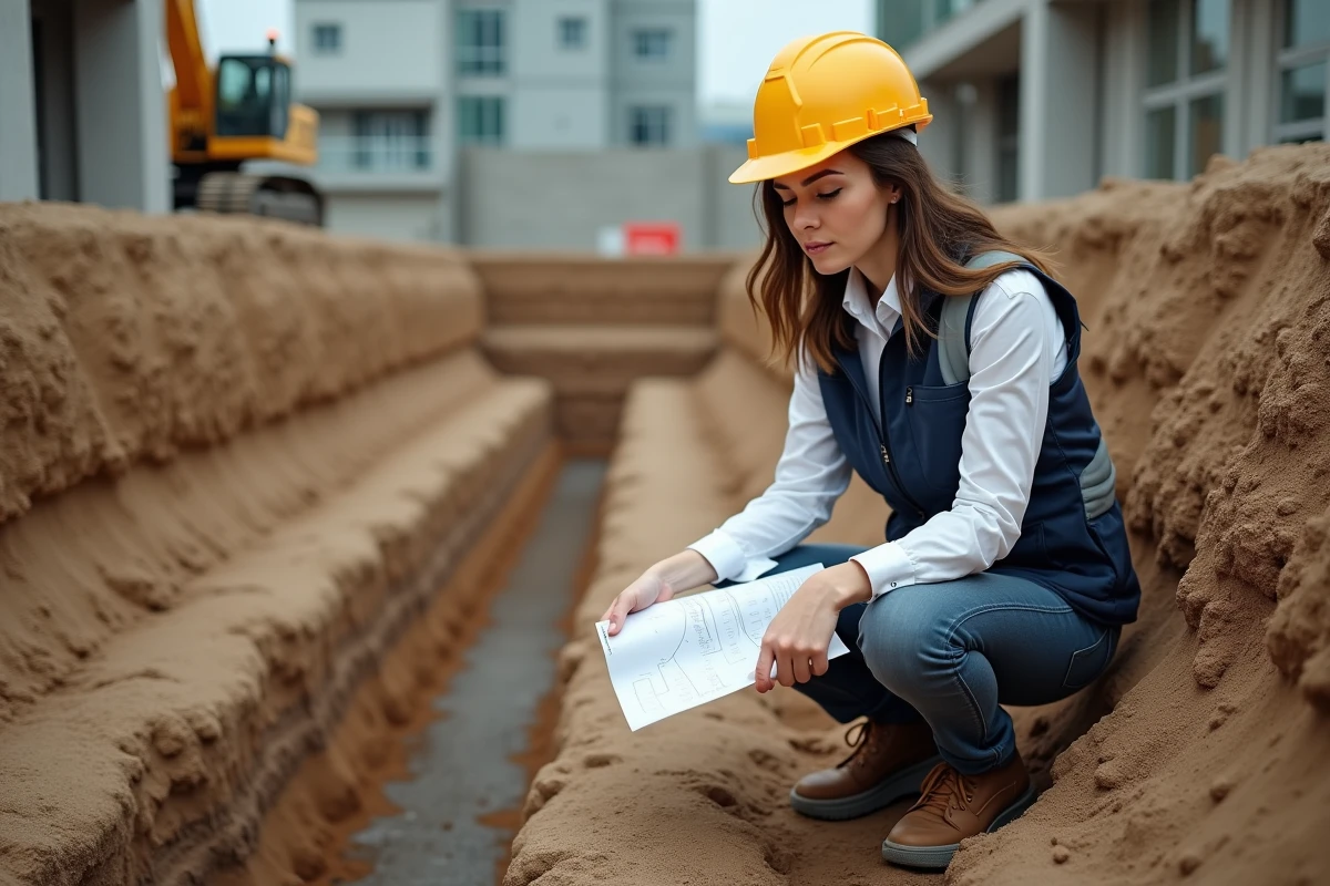 Ingénieure en génie civil analysant un plan en coupe du terrain sur un chantier de construction avec excavation visible en arrière-plan