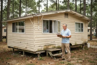 Homme évaluant un ancien mobil home usagé dans un camping entouré de pins, tenant un clipboard lors d'une inspection avant négociation