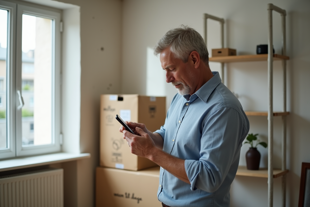 Homme vérifiant un mur marqué dans un salon de location