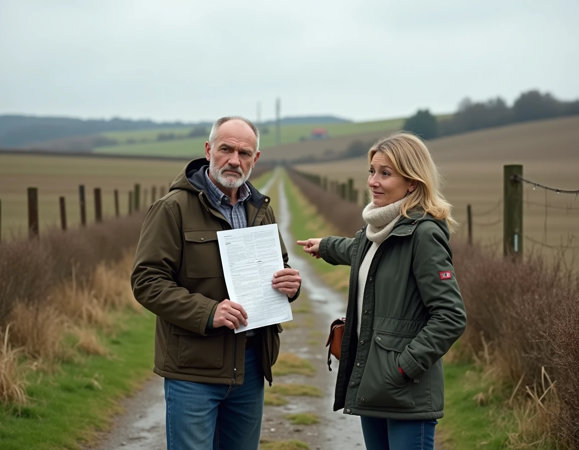 Couple inspectant une parcelle agricole non bornée pour retrouver l'identité du propriétaire