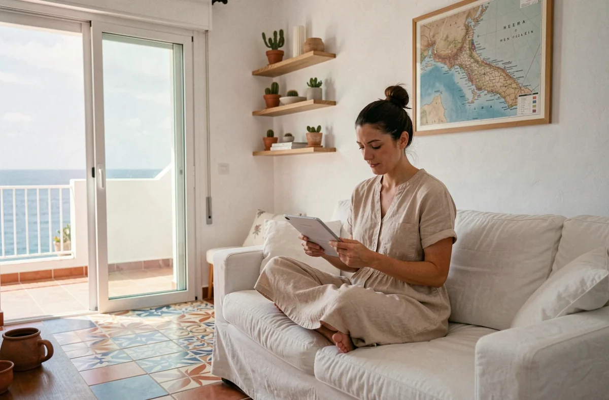 Femme consultant un projet d'achat immobilier dans un appartement moderne à Rosas, intérieur méditerranéen lumineux