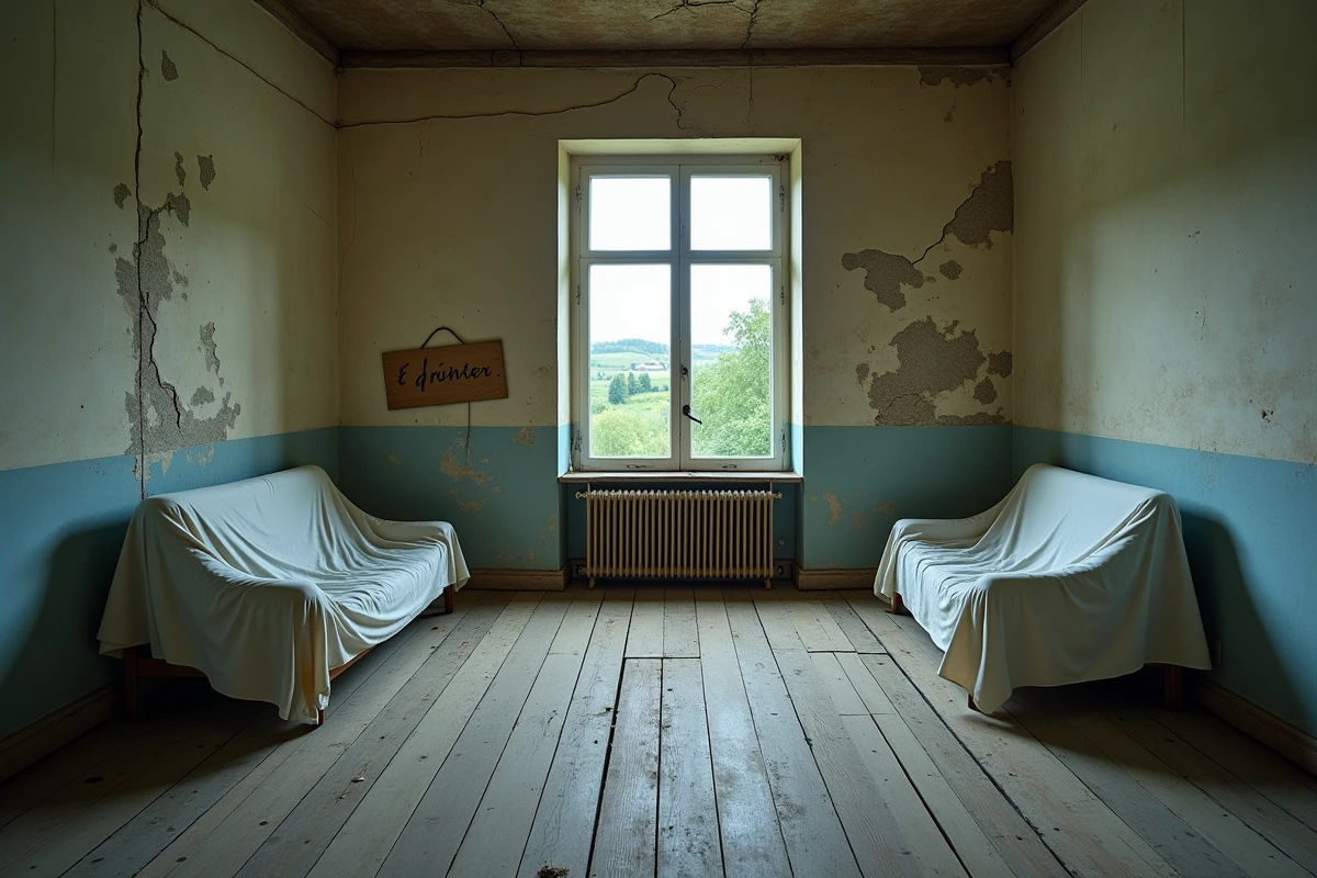 Intérieur abandonné d'une maison donnée gratuitement en campagne avec un panneau 'À donner', illustrant les défis d'une propriété éloignée