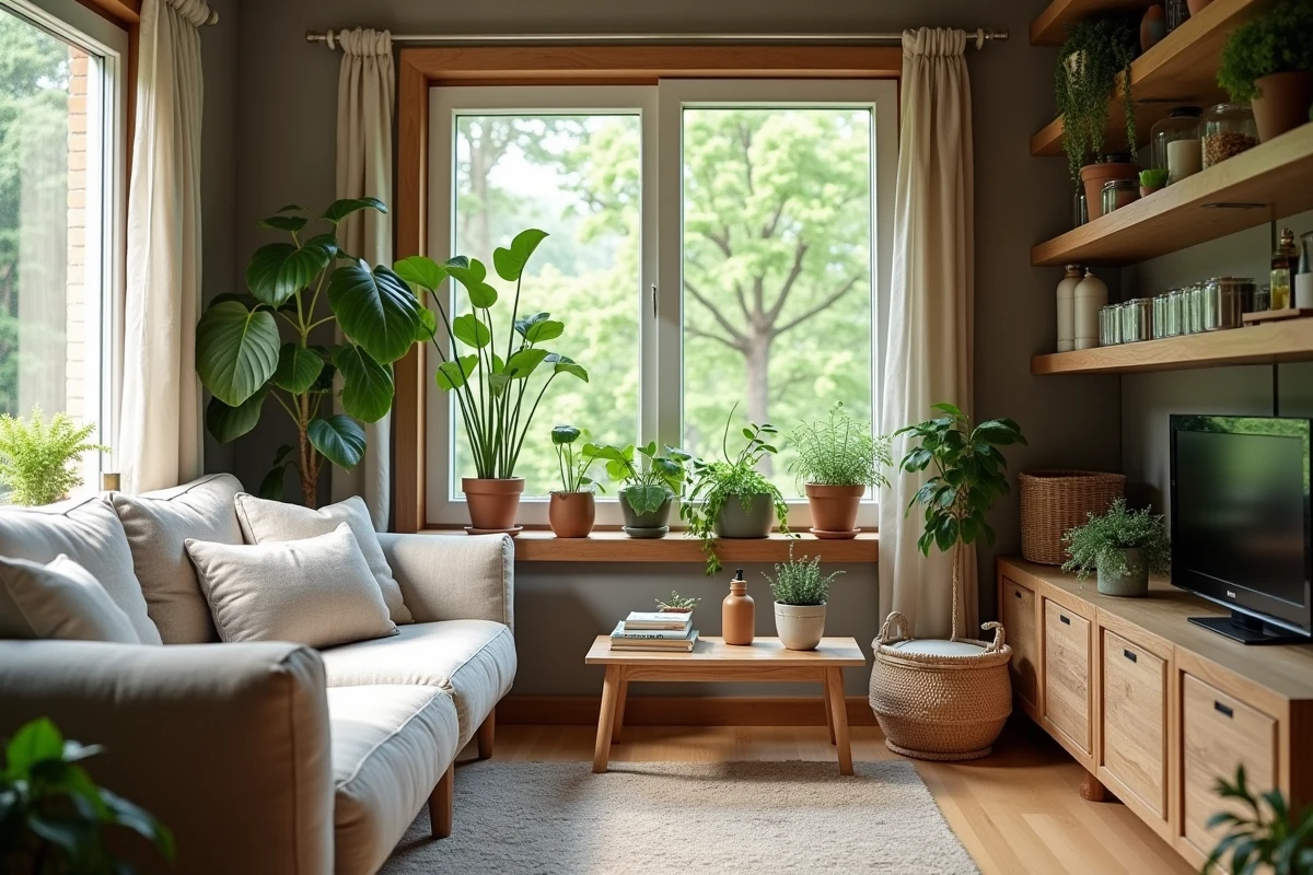 Intérieur d'une petite maison de location réaménagée avec des meubles upcyclés et une décoration durable face à un jardin verdoyant