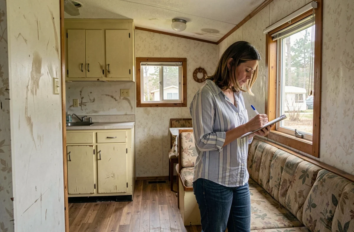 Intérieur vieillissant d'un mobil home avec sol stratifié usé et cuisine datée, femme inspectant l'état du bien avant négociation de prix
