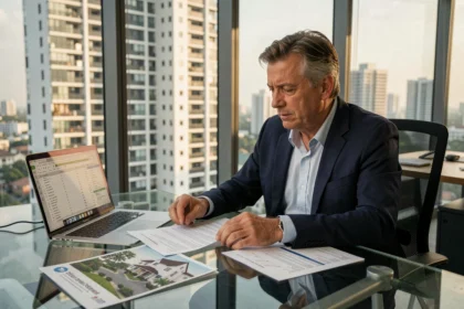Investisseur français analysant des documents fiscaux liés à un condo à Bangkok, Thaïlande