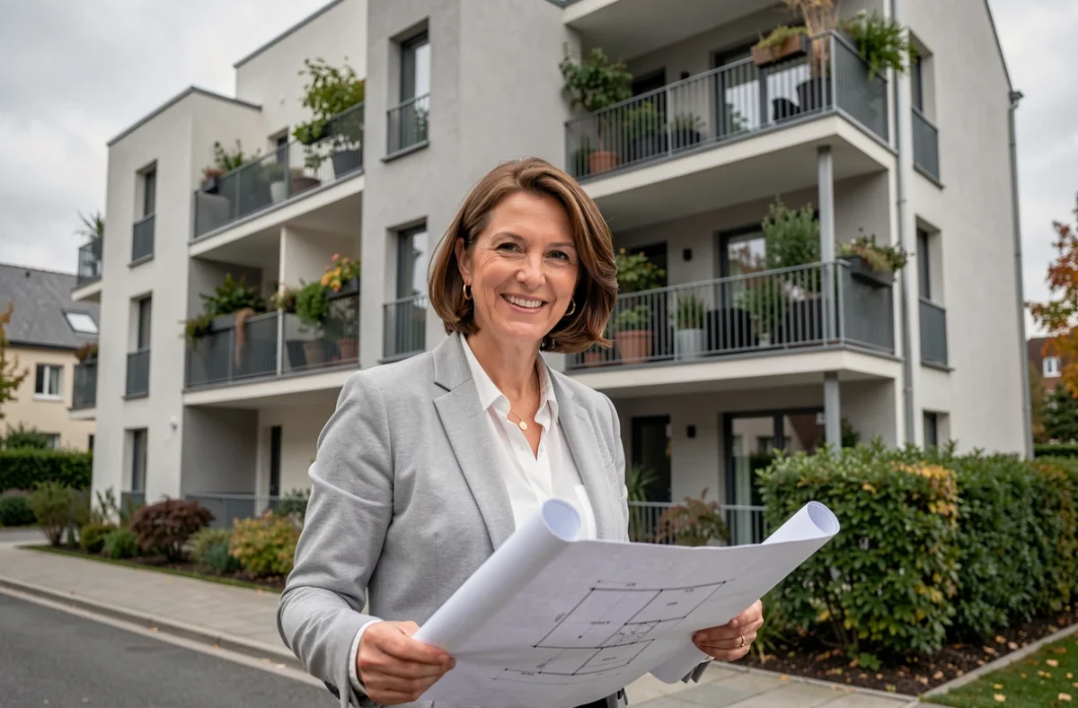 Propriétaire ou investisseur devant un immeuble neuf éligible au dispositif Pinel pour défiscalisation immobilière
