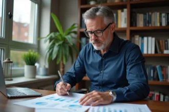 Investisseur immobilier analysant des documents de rentabilité locative sur un bureau en bois dans un bureau à domicile moderne