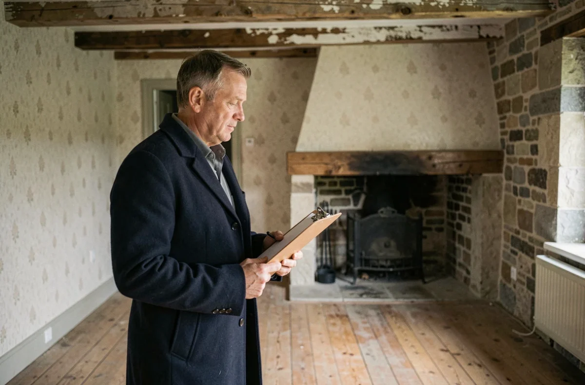 Investisseur immobilier inspectant l'intérieur d'une maison bretonne à vendre en urgence dans le Finistère, salon vide avec cheminée en pierre et poutres apparentes