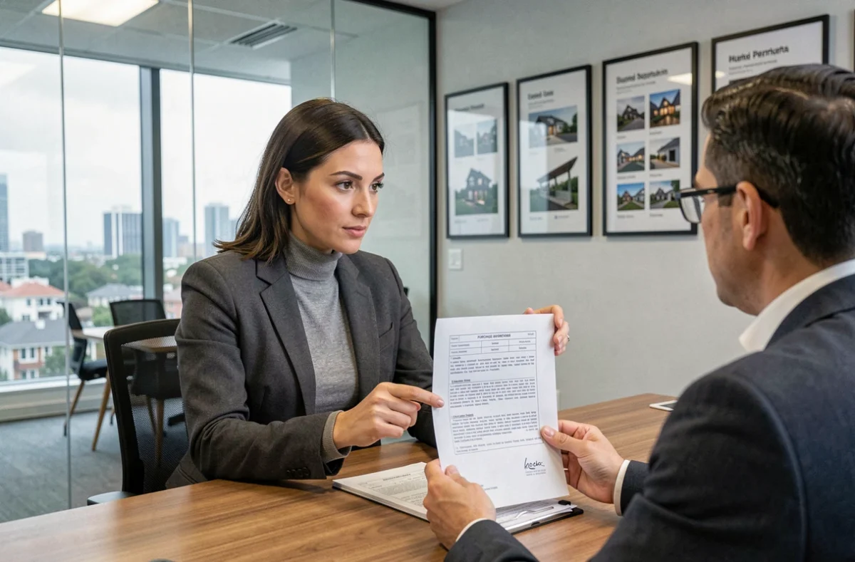 Investisseure immobilière en blazer discutant d'un compromis de vente avec un conseiller dans une agence immobilière moderne