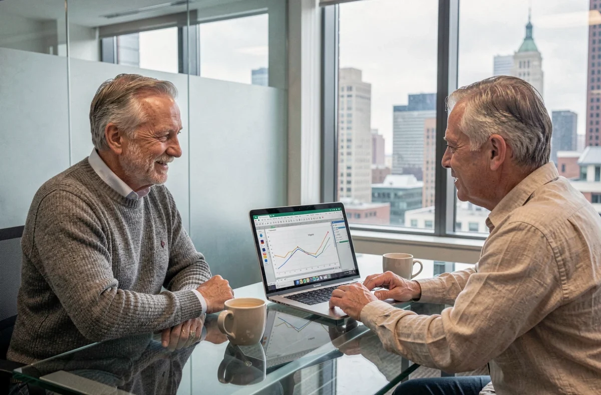 Deux investisseurs seniors consultant un simulateur viager Excel lors d'une réunion financière
