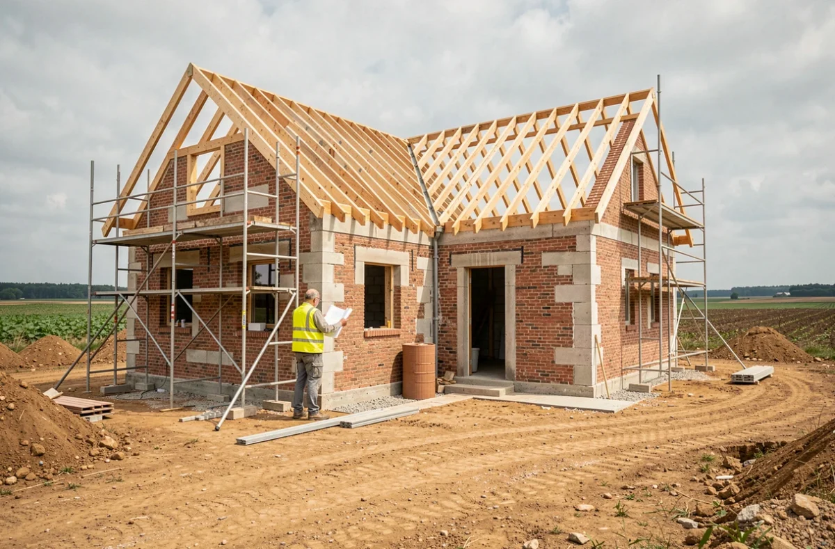 Chantier de construction d'une maison individuelle par JBM Constructions dans le Gers, avec murs en brique et charpente bois visible