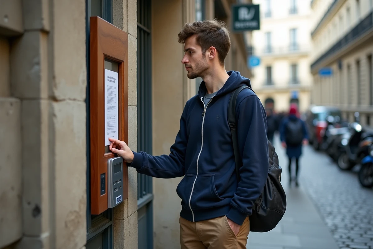 Jeune actif consultant une annonce de location sur un immeuble parisien dans un quartier résidentiel