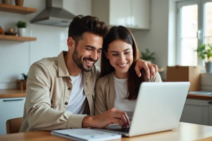 Jeune couple regardant un simulateur de prêt immobilier