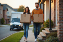 Jeune couple portant des cartons lors d'un déménagement matinal