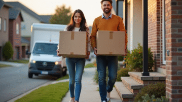 Jeune couple portant des cartons lors d'un déménagement matinal