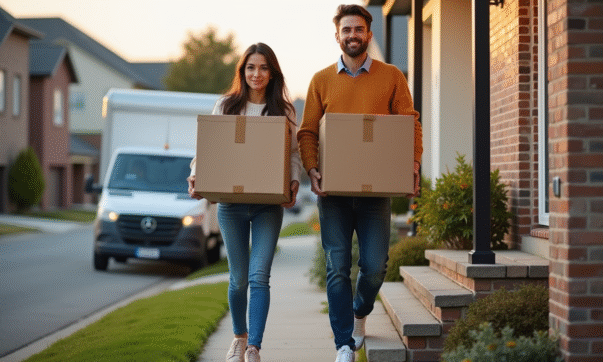 Jeune couple portant des cartons lors d'un déménagement matinal
