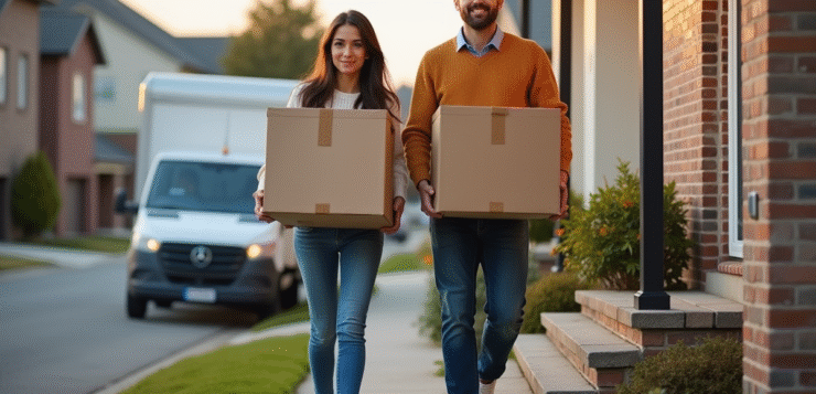 Jeune couple portant des cartons lors d'un déménagement matinal