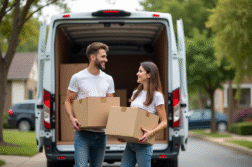 Jeune couple souriant chargeant des cartons devant un van