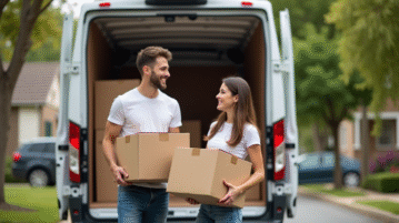 Jeune couple souriant chargeant des cartons devant un van