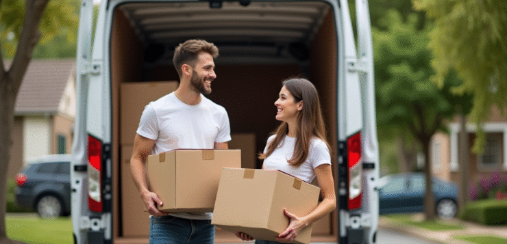 Jeune couple souriant chargeant des cartons devant un van