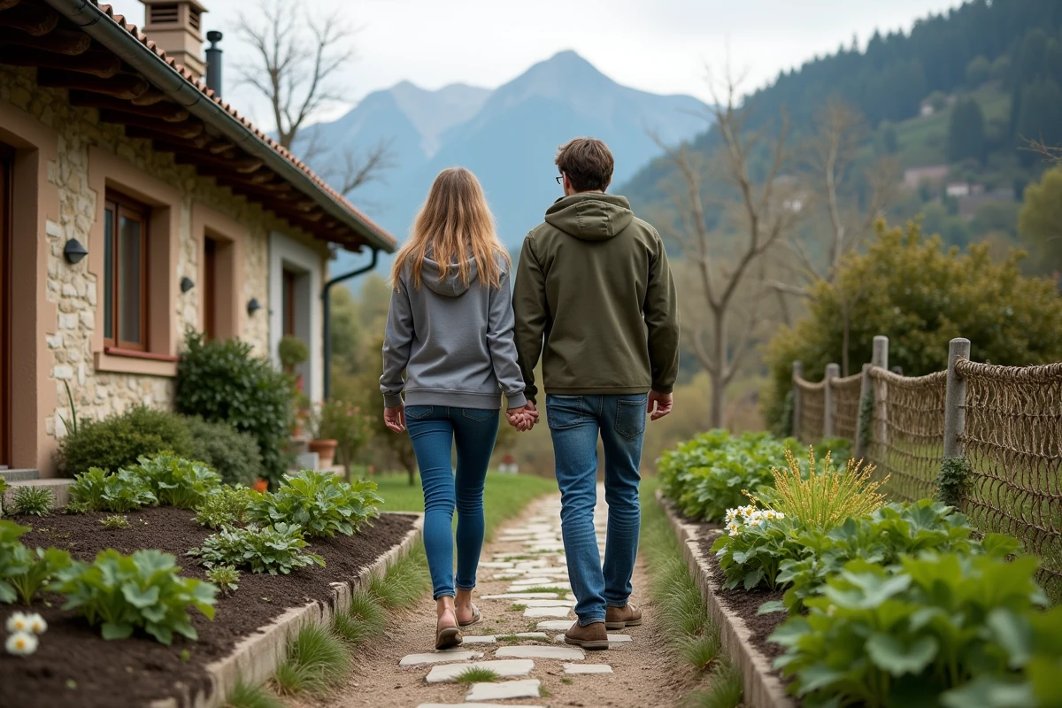 Jeune couple marche dans le jardin d