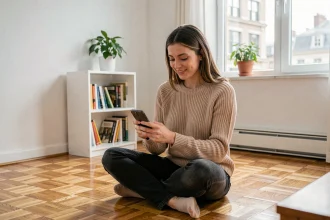 Jeune femme consultant une application de location immobilière sur son smartphone dans un studio moderne et lumineux
