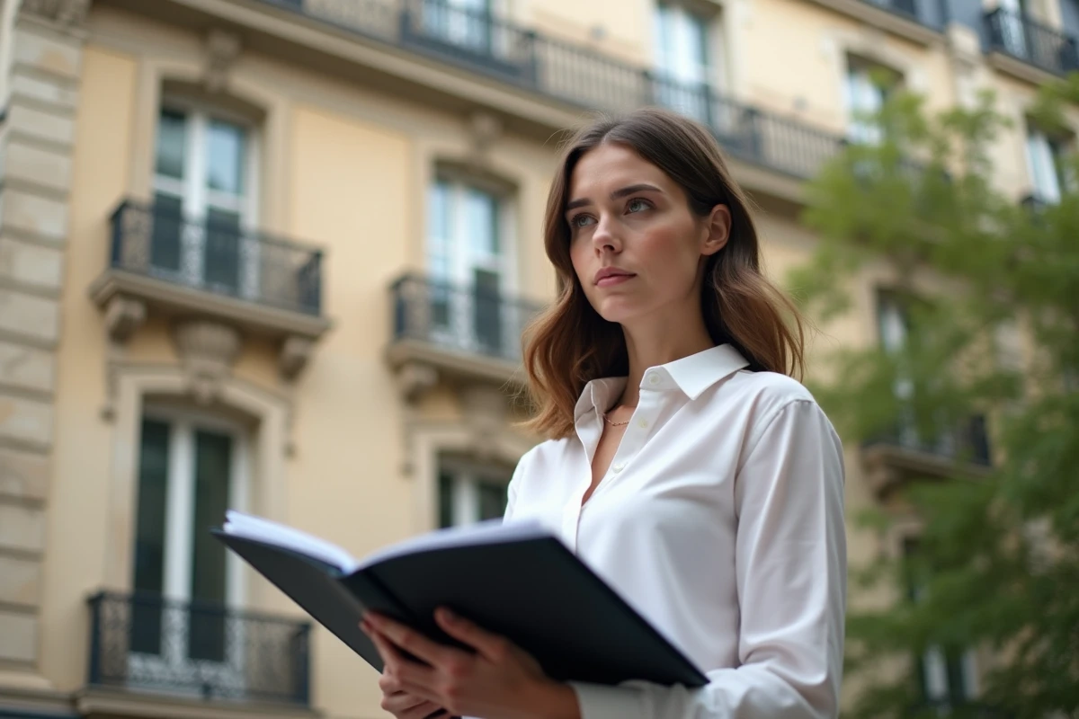 Jeune femme tenant un dossier immobilier devant un immeuble parisien
