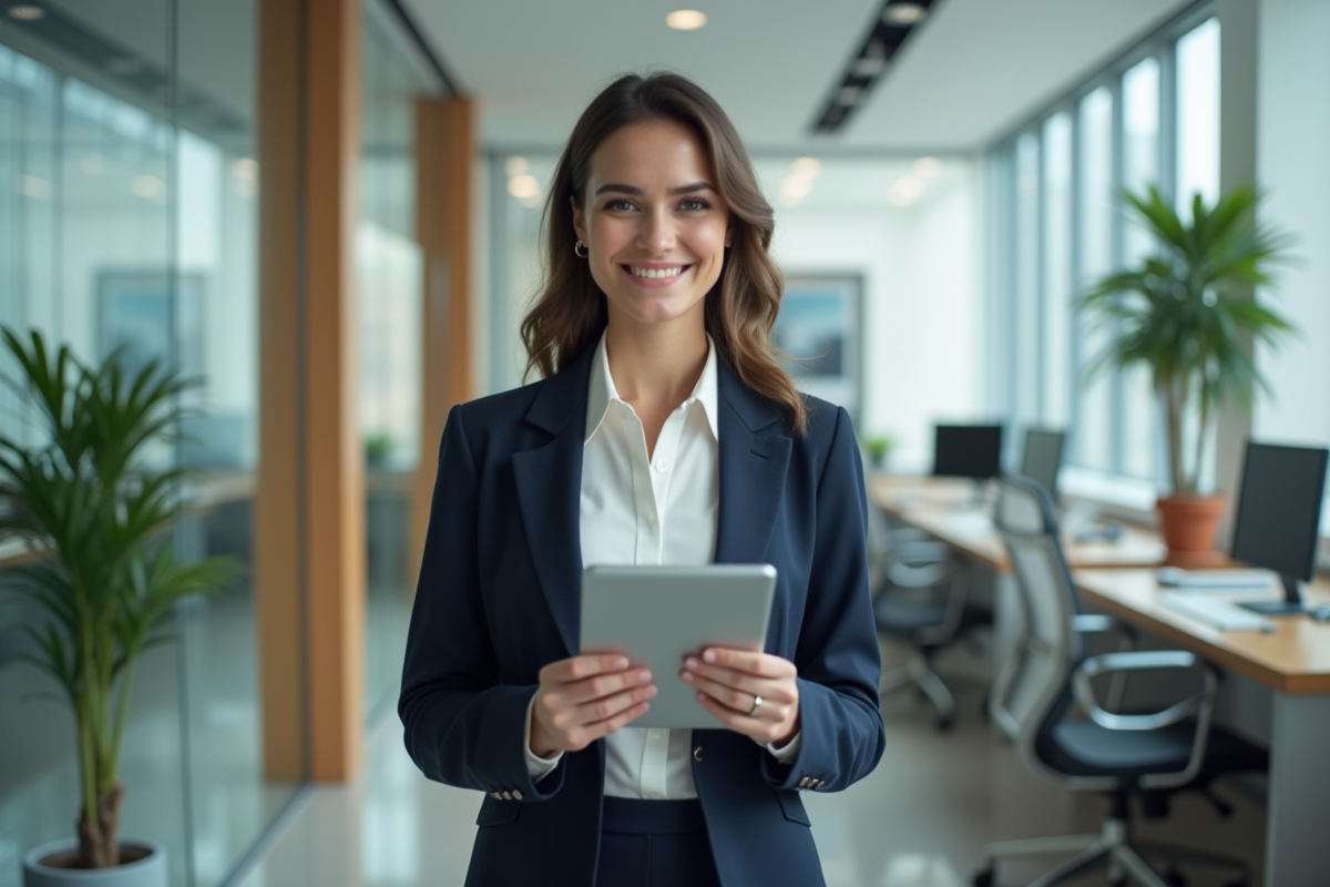Jeune femme professionnelle souriante dans un bureau bancaire moderne