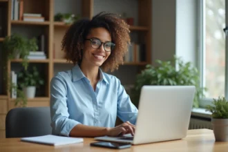 Jeune femme professionnelle travaillant sur son ordinateur à la maison