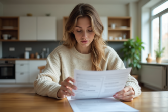 Jeune femme examine un contrat de location dans une cuisine lumineuse