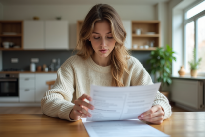 Jeune femme examine un contrat de location dans une cuisine lumineuse