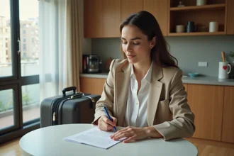 Jeune femme élégante écrivant une lettre dans un appartement lumineux