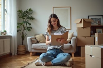 Jeune femme emballant des cartons dans un appartement