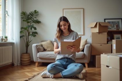 Jeune femme emballant des cartons dans un appartement