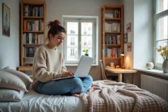 Jeune étudiante assise sur son lit dans un studio parisien