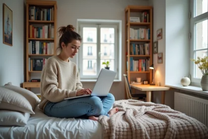 Jeune étudiante assise sur son lit dans un studio parisien