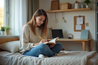 Jeune femme étudiant dans un studio moderne et cosy