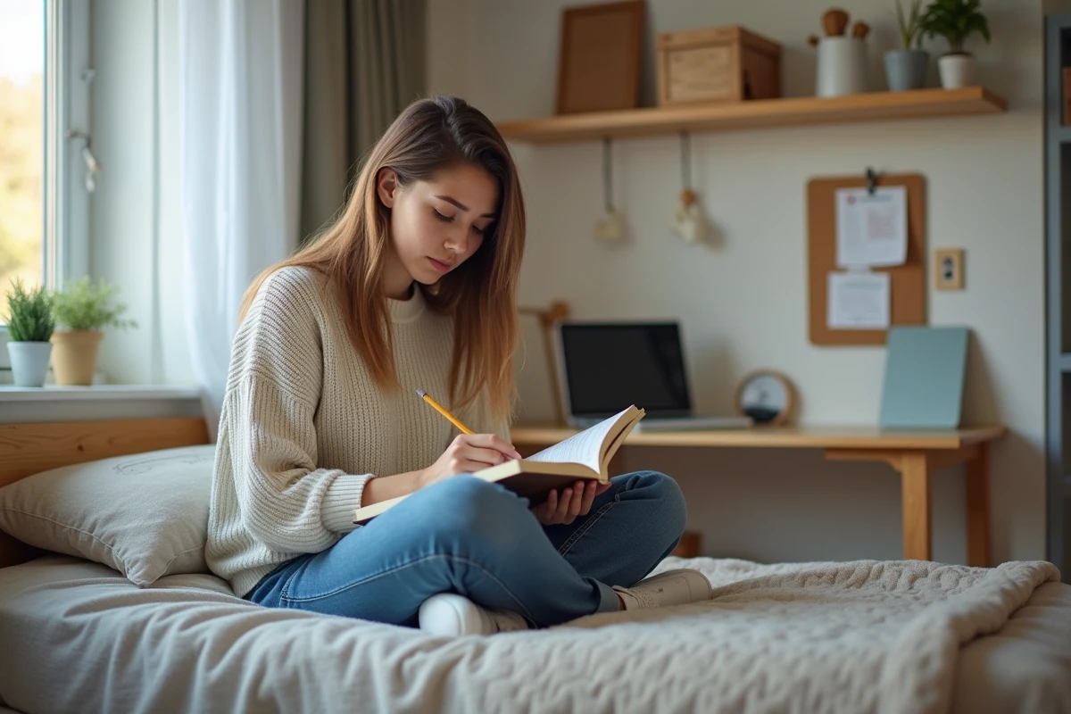 Jeune femme étudiant dans un studio moderne et cosy