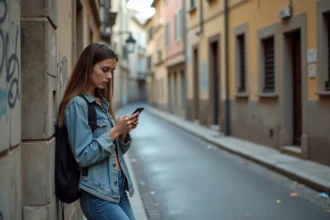 Jeune femme dans une rue urbaine de Mille regardant son téléphone