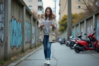 Jeune femme avec carte dans un quartier urbain de NoisyleGrand
