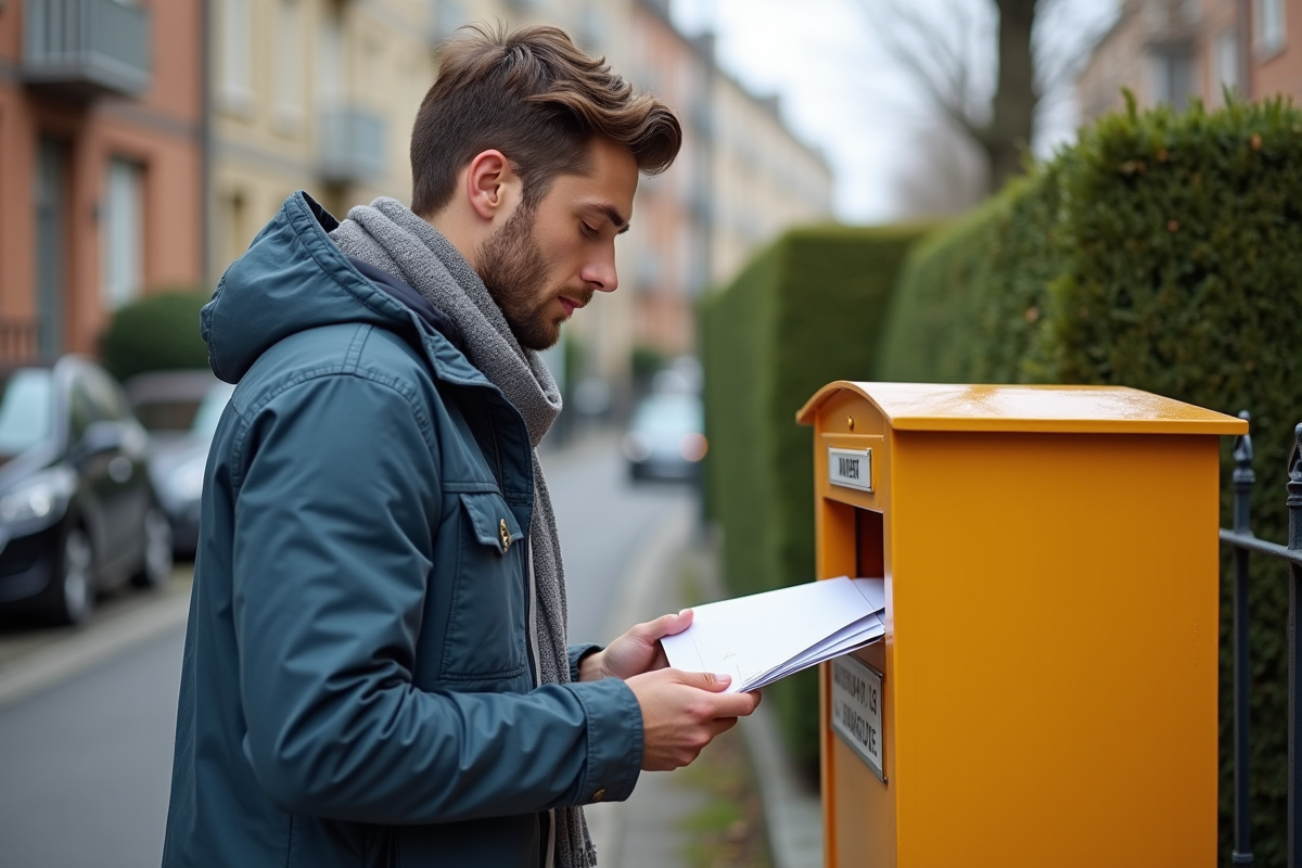 Jeune homme déposant des enveloppes dans une boîte aux lettres urbaine