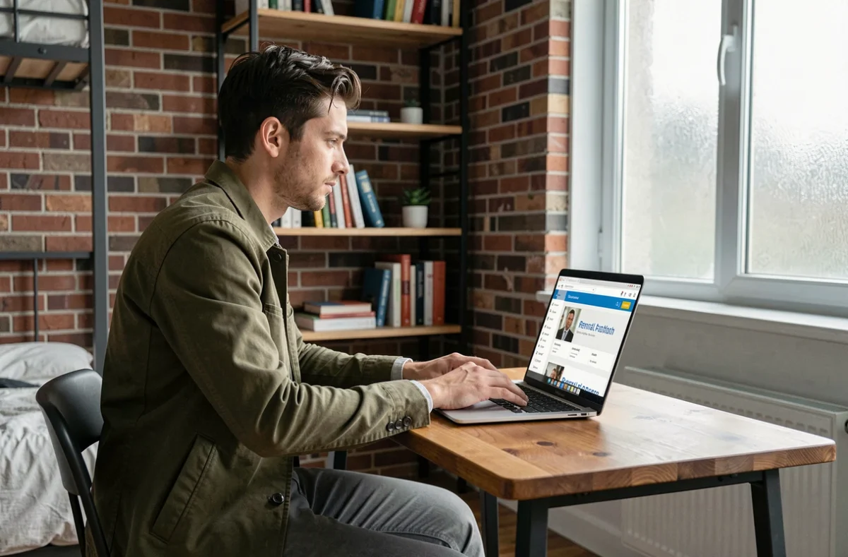 Jeune homme recherchant un appartement étudiant sur laptop dans une chambre meublée de style loft