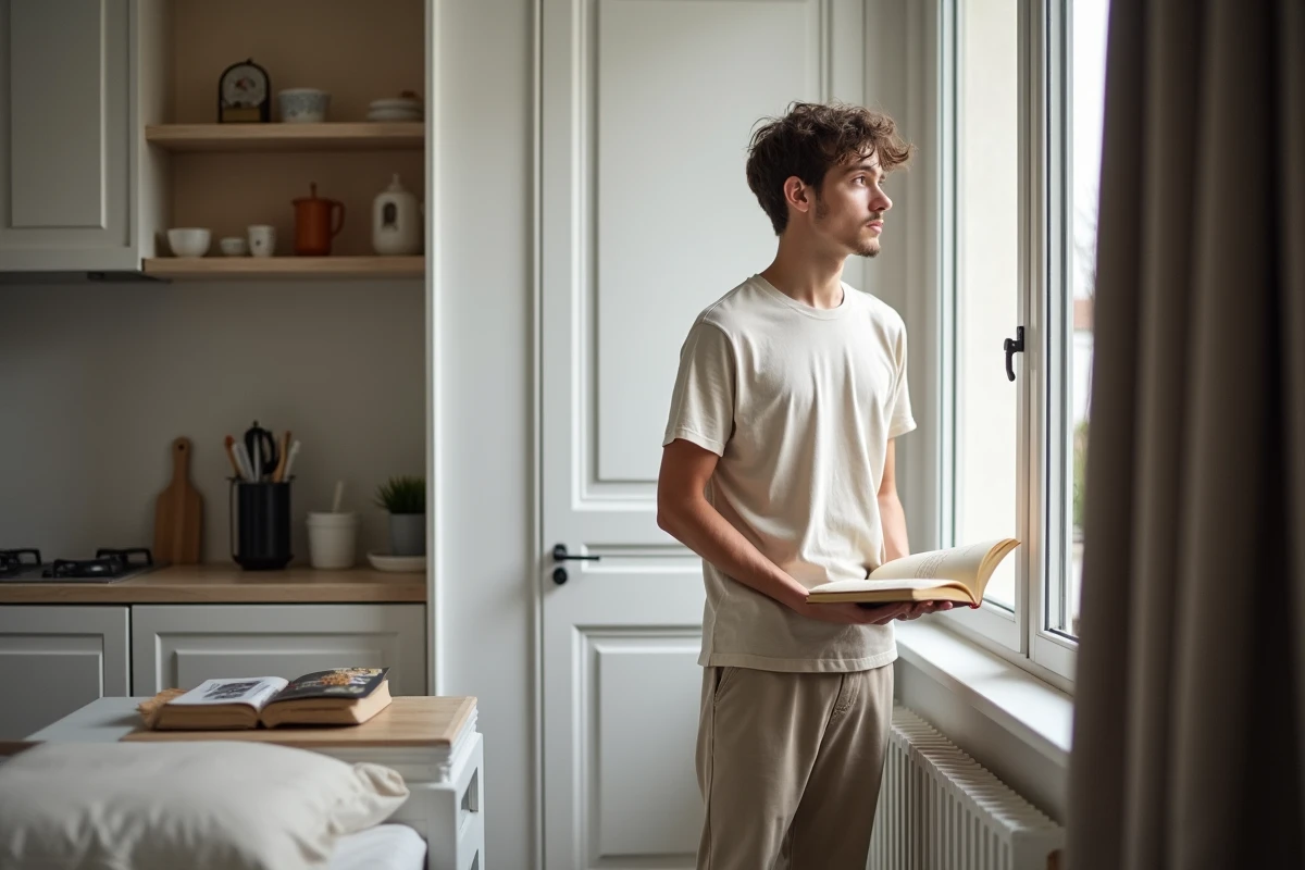 Jeune étudiant regardant par la fenêtre dans un microappartement